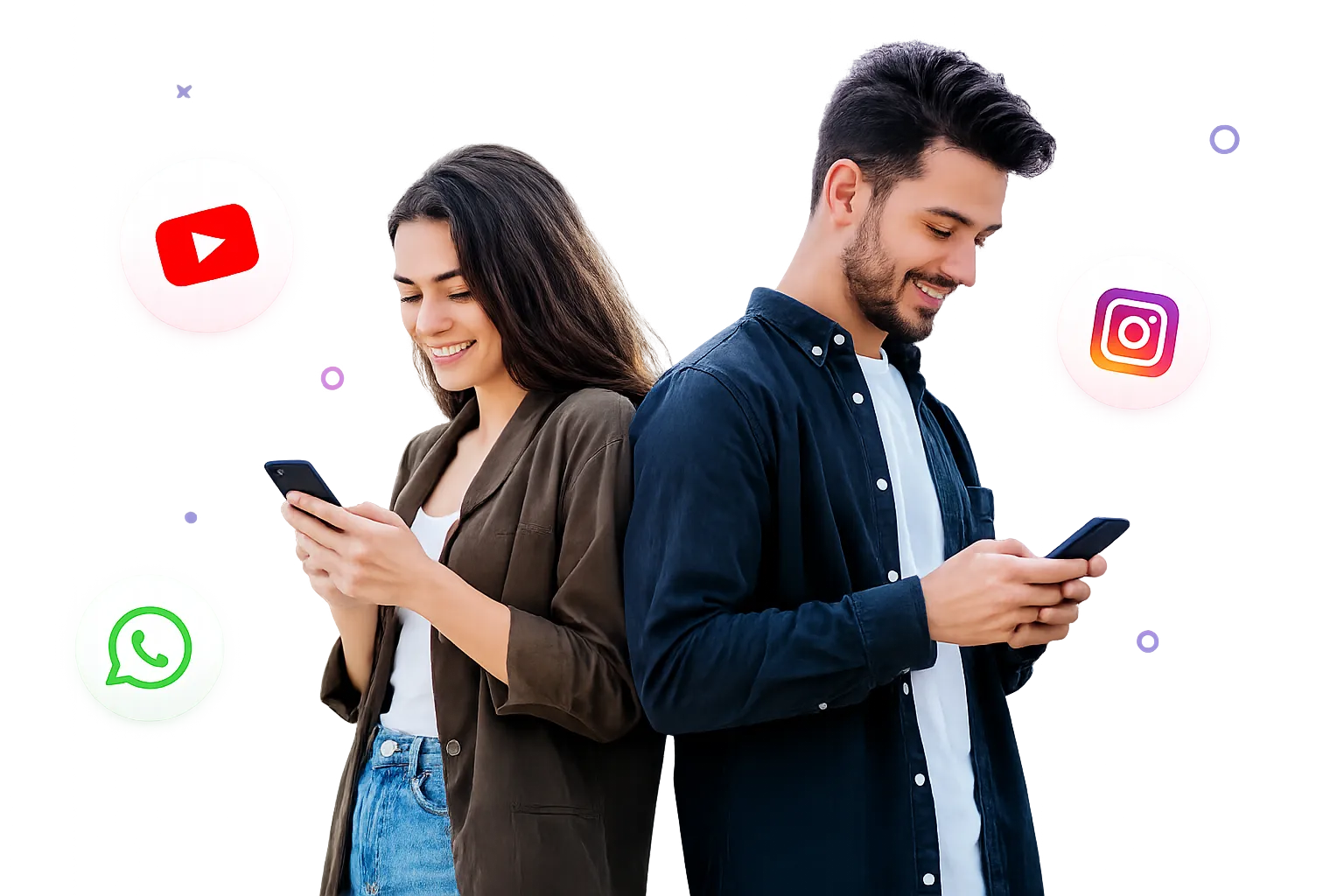 Two content creators on their phones surrounded by Instagram, YouTube and WhatsApp icons